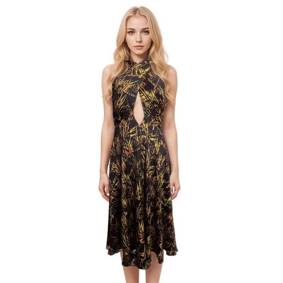 Beautiful Nights Halter Peephole Front Black & Gold Dress Size L - Picture 1 of 9